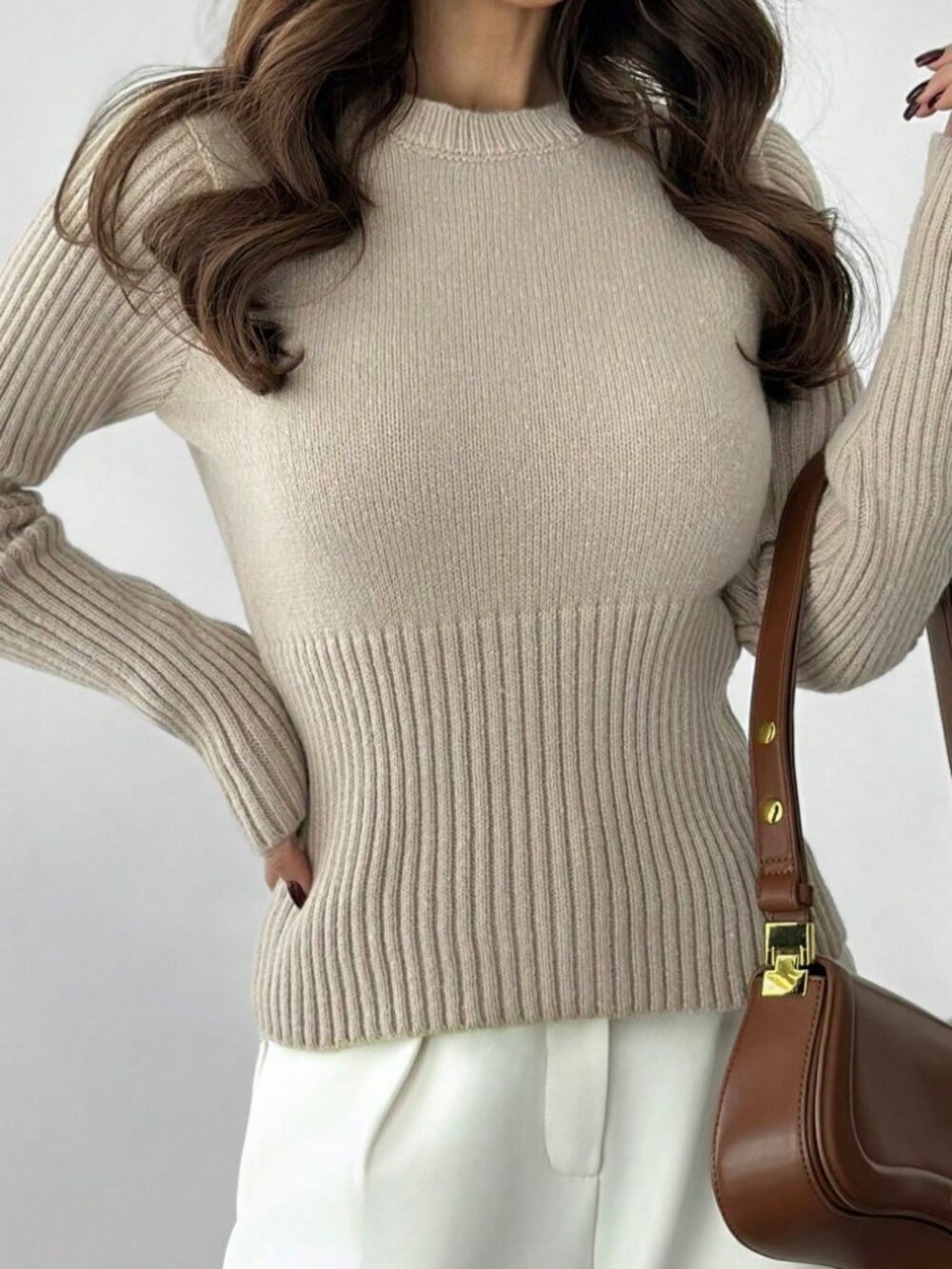 Khaki Elegant Casual Women's Long Sleeve Crew Neck Sweater 2-in-1 - Picture 3 of 7